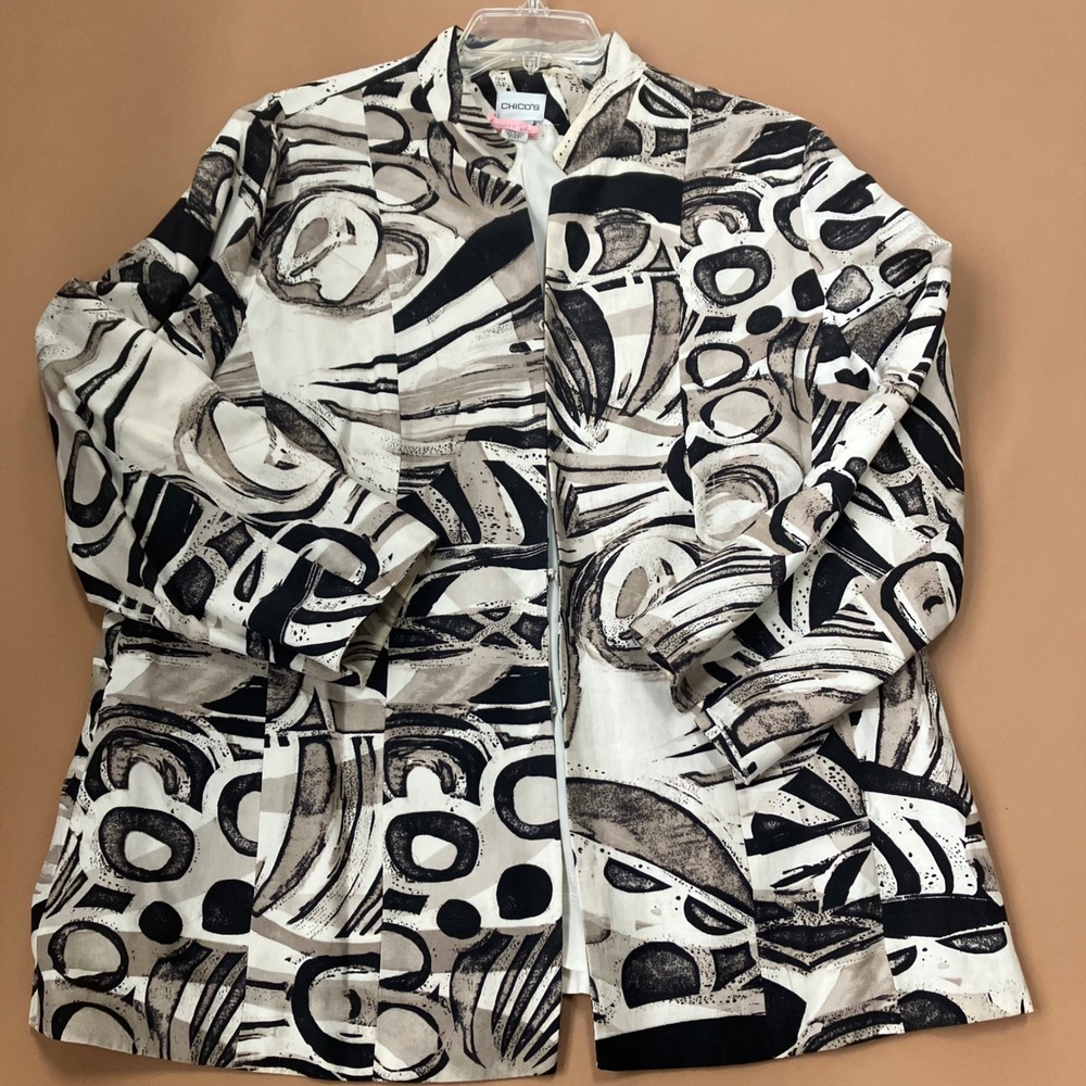 Chicos Abstract Print Silk Linen Blend Blazer Jacket Size 3 XL Travel Modern